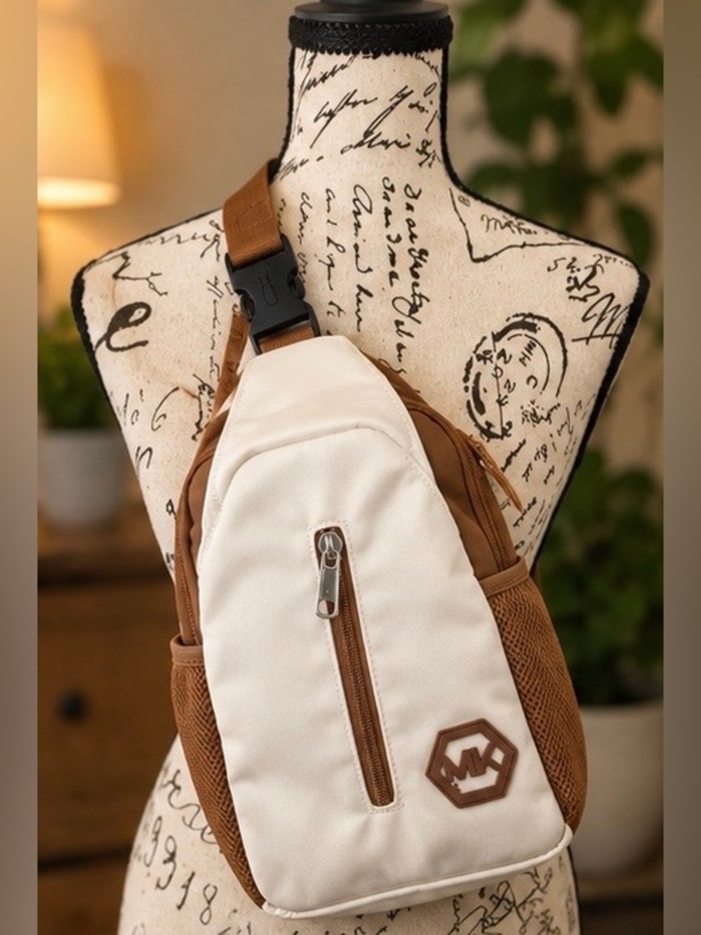 Cream Brown Sling Backpack Crossbody Chest Bag Adjustable Strap